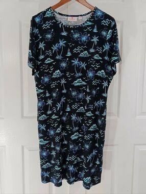 Quaker Factory Women's XL Midi Dress Palm Island Print Vacation Cruise Multicolo